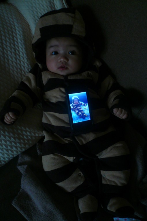 Felcity wearing Willy's hand me down bearsuit.  Proof in the pudding...